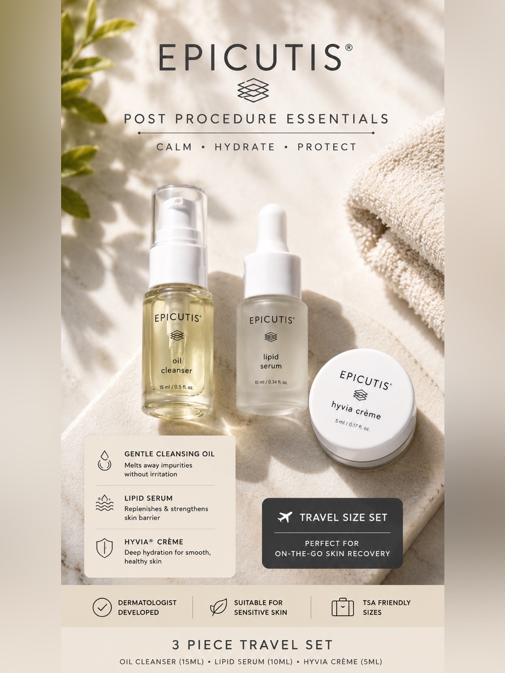 Epicutis 3 Piece Travel Set post procedure Oil Cleanser Lipid Serum Hyvia Cream
